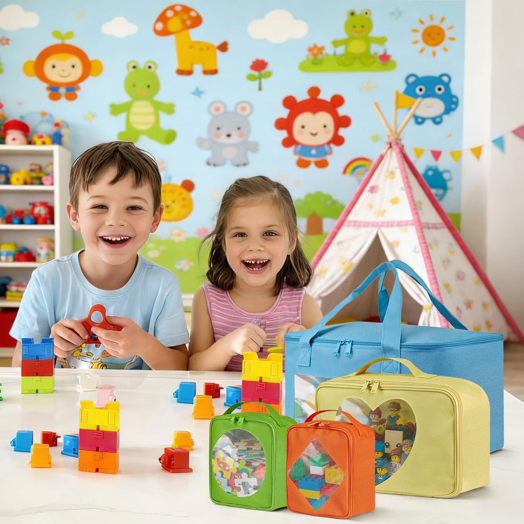 BOHEMIABY 4 PCS Visible Magnetic Tiles Storage Bags, Toy Storage Bags with Label for Home School, Carrying Case for Building Bricks, Puzzle, Board Games, Toy Car and Other