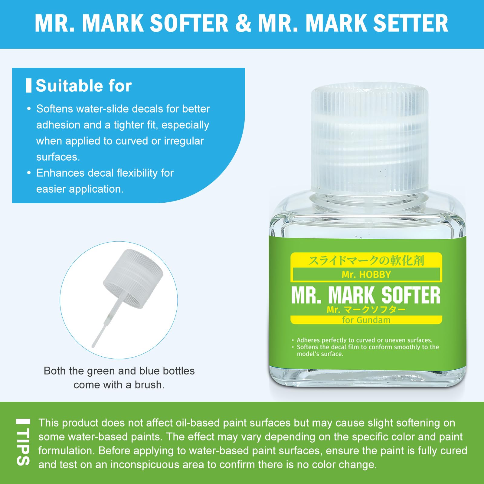 Mr. Mark Setter & Softer Bundle for Gundam Models, Decal Adhesive & Softening Solution Set, Strong Adhesion & Curve Conform Fit, 2 Bottles - 40ml + 40ml