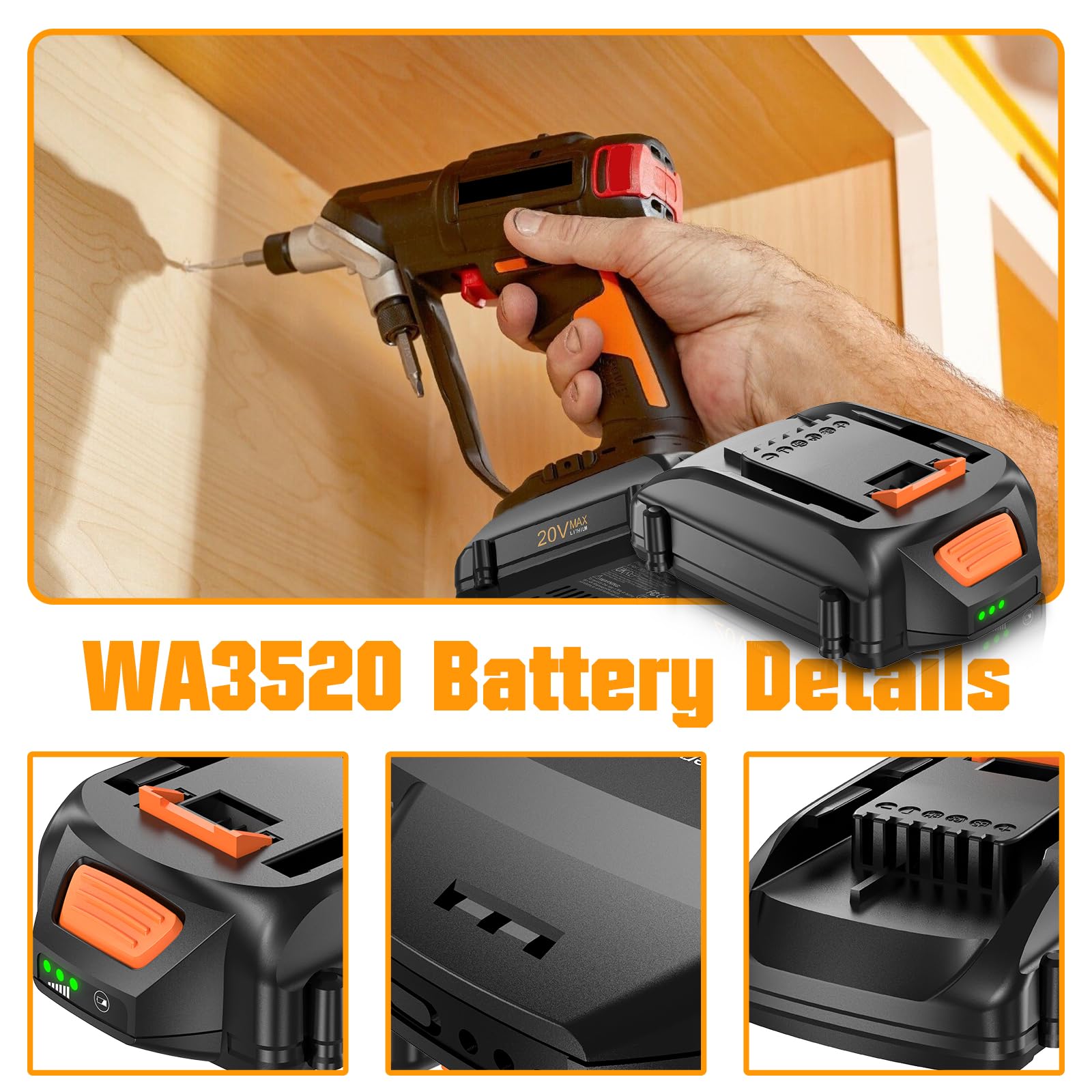 Bonacell Upgraded 2Pack 4.0Ah Battery Replacement for Worx Battery 20V Power Share Max 20V Lithium-ion WA3520 WA3525 WA3575 WG891 with LED Power Indicator
