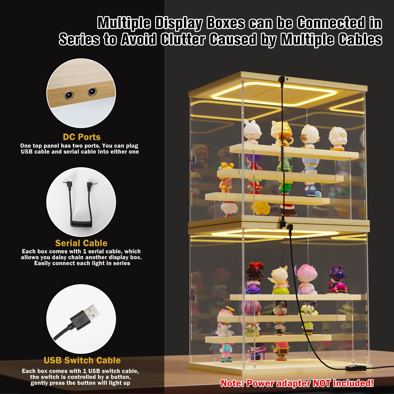 Nynelly Acrylic Lighted Display Case for Collectibles, 4 Tier Figure Display Box with Door and Steps, Assemble Dustproof LED Showcase Storage Box for Mini Figures, Funko Pop, Toys, Wood Color