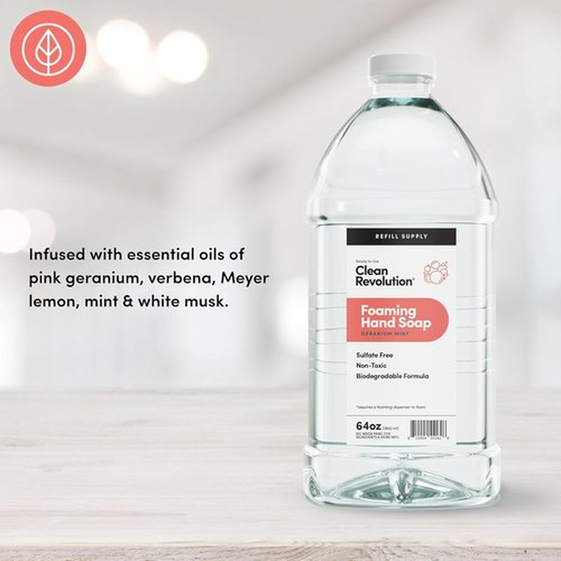 Clean Revolution Foaming Hand Soap - Gentle & Moisturizing Formula with Real Essential Oils | Geranium Mint, 64 Fl Oz