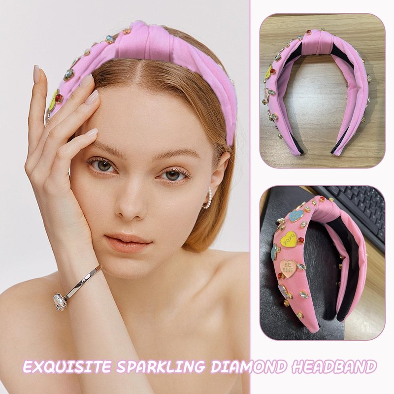 Valentines Headbands for Women, Valentines Day Headband, Heart Pink Heart Rhinestone Knotted Headband, Valentine's Sparkly Wide Hairband, Cute Valentine Gifts for Teachers, Girls, Birthday & Party