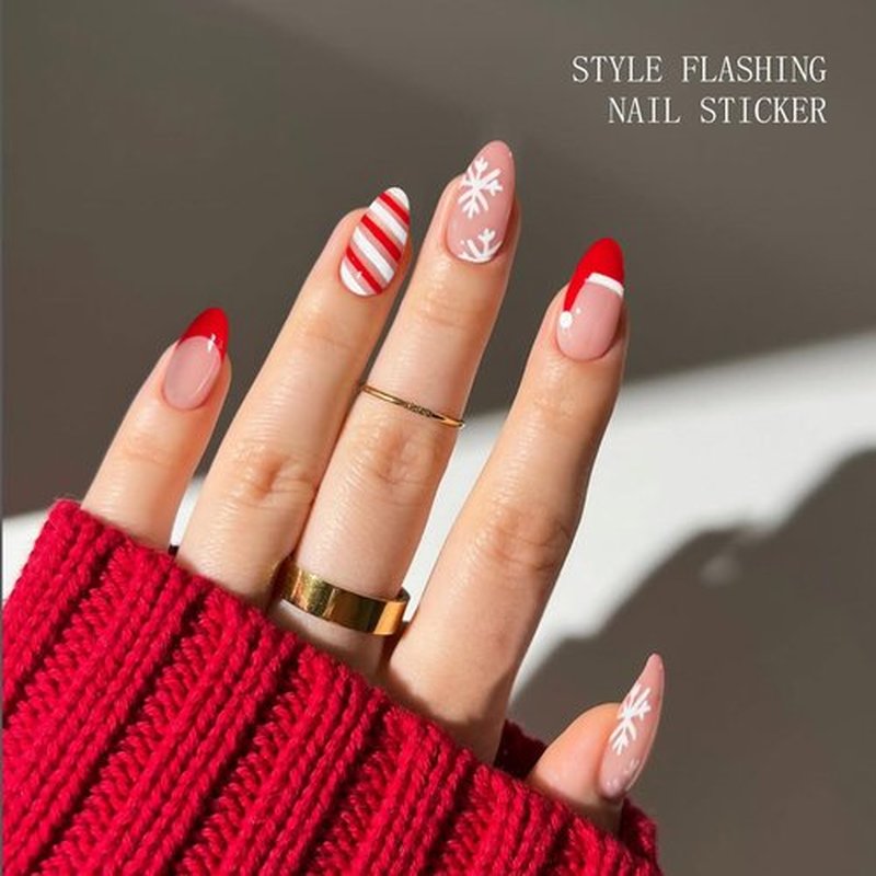 JMEOWIO Gel Nail Stickers Christmas French Tip Semi Cured Gel Nail Strips Wraps UV/LED Nails Art Design Decoration Accessories
