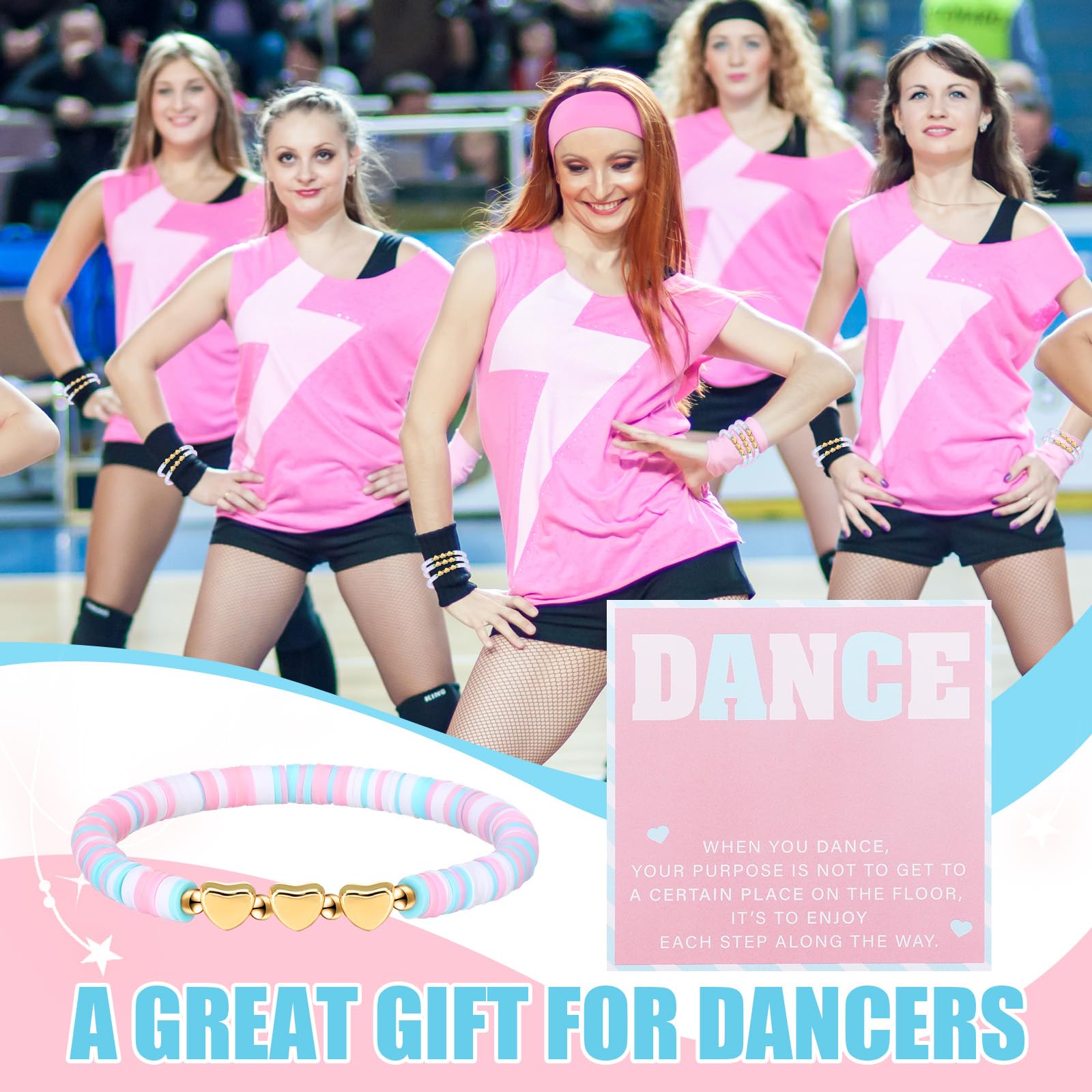 Liliaafar 24 Sets Dance Gifts Bulk Include Pink Blue White Polymer Clay Beaded Bracelet with Greeting Card Dancer Party Favors Team Gifts Recital Jewelry for Women Ballerina Birthday(Inspirational)