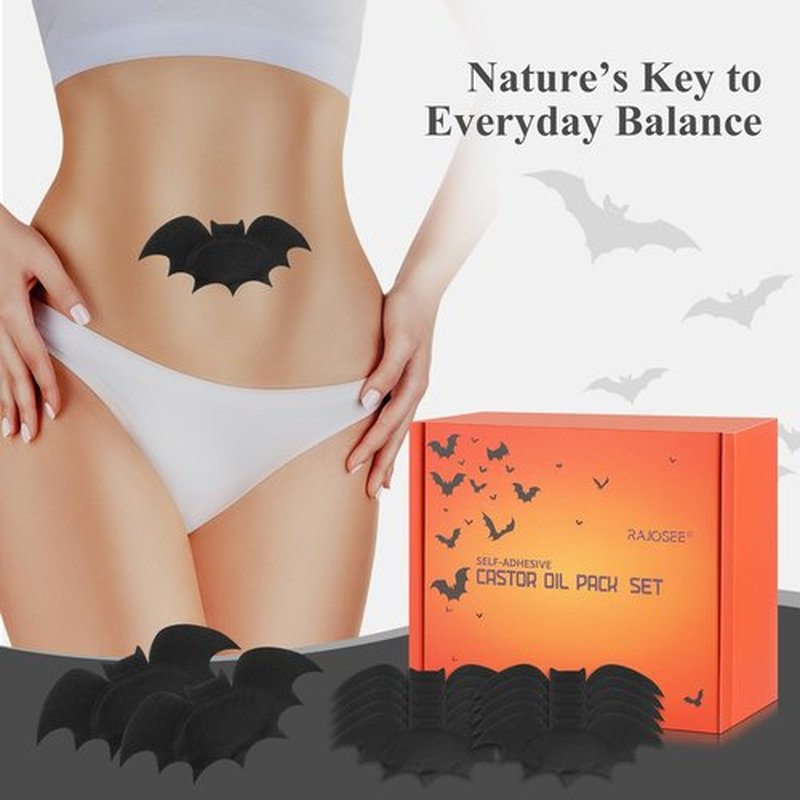 30Pcs Castor Oil Pack for Belly Button Set, Black Bat Shape Self-Adhesive Patches with 4oz Organic in Glass Bottle, Breathable Cotton Pads for Wellness