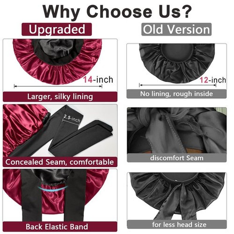 Double Layered Silk Satin Bonnet with Tie for Sleeping Black Women, Wide Band Large Hair Wrap Sleep Cap Bonnet for Curly Hair Braid, Black Wine-Red