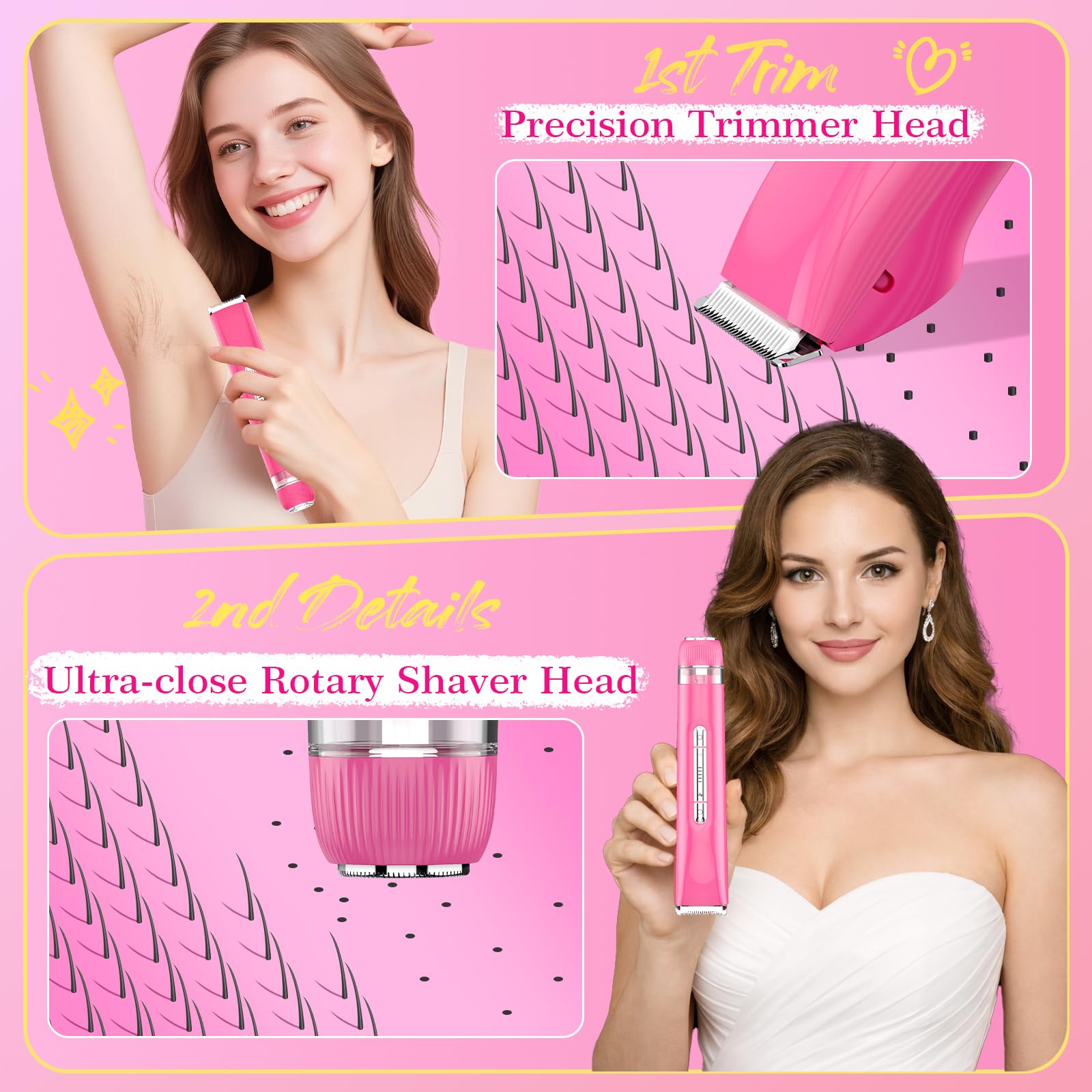 2 in 1 Personal Shaver for Women Pubic Hair Bikini Trimmer for Ladies Electric Razor, Waterproof Wet & Dry Rechargeable Facial & Body Hair Remover for Underarm, Leg, Arm, Face