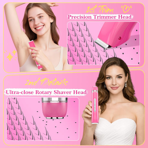2 in 1 Personal Shaver for Women Pubic Hair Bikini Trimmer for Ladies Electric Razor, Waterproof Wet & Dry Rechargeable Facial & Body Hair Remover for Underarm, Leg, Arm, Face