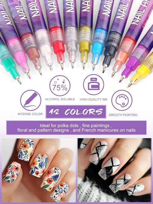 EBANKU 12 Colors Nail Art Pens Set, 3D 0.5MM Nail Polish Pens Graffiti Dotting Pen Quick-Drying Acrylic Nail Paint Liner Pen Tools for DIY Nail Art Manicure Tools