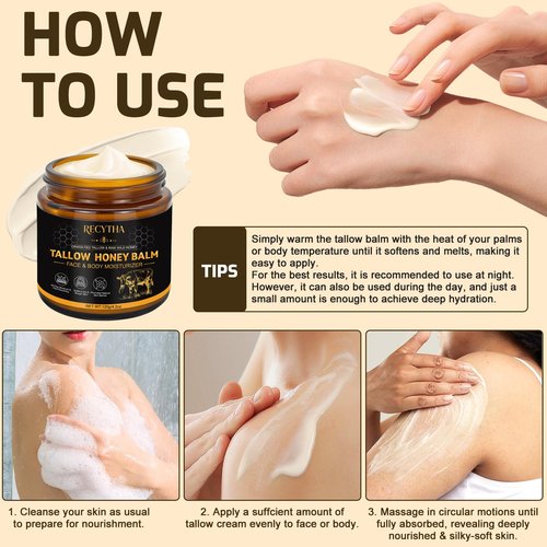 Beef Tallow for Skin, Tallow and Honey Balm, 100% Organic Grass-Fed Beef Tallow Face Moisturizer with Raw Honey & Jojoba Oil, Whipped Tallow Balm for Face Body Deep Nourish Soothe Dry, Sensitive Skin