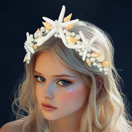 Catery Seashell Crown Starfish Headbands Pearl Mermaid Headpiece Beach Wedding Hair Accessories for Women