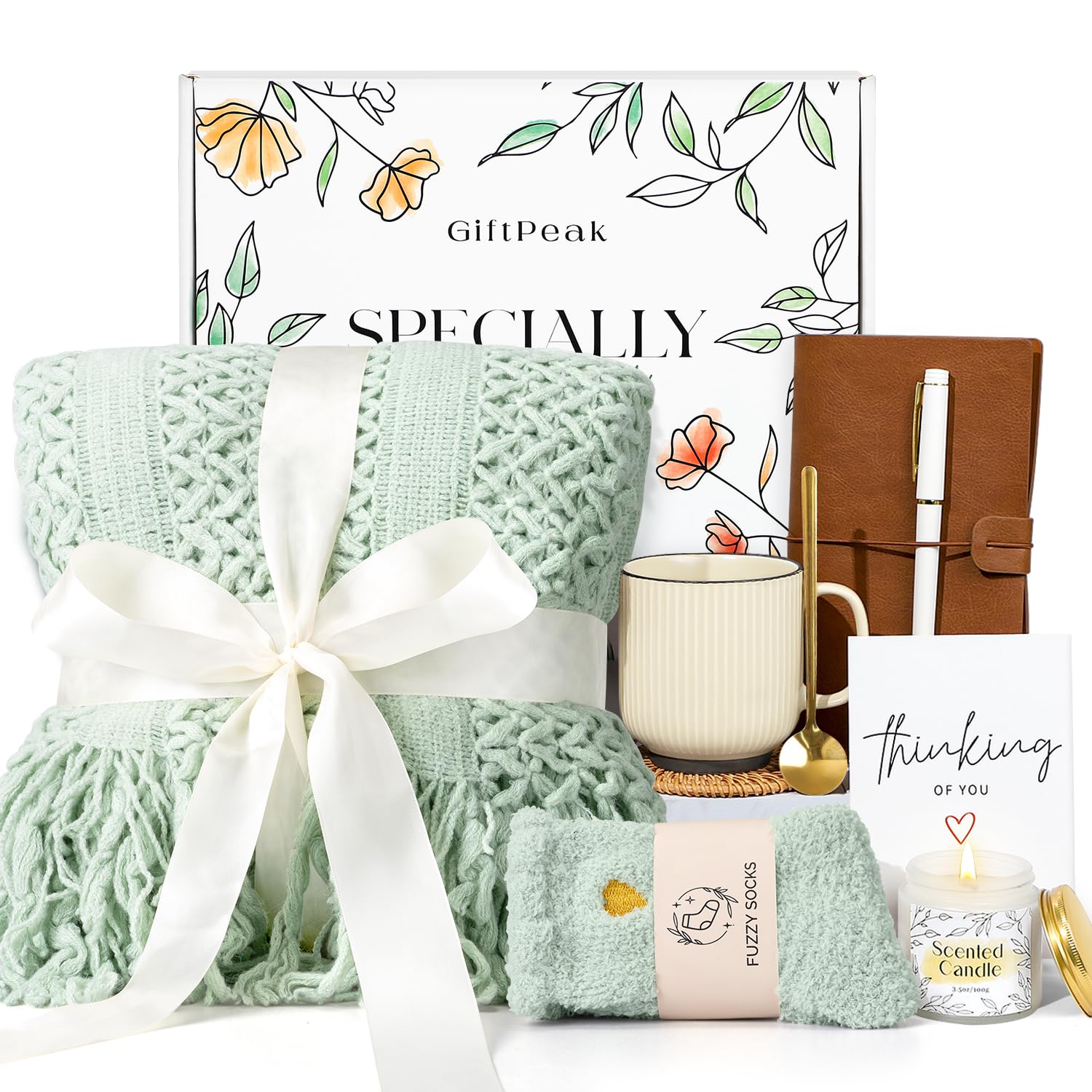 Gifts for Women, Get Well Soon Gifts for Women, Sympathy Care Baskets, Thinking of You Care Package, Self Care Gifts, After Surgery Feel Better Gifts Blanket (Sage Green）