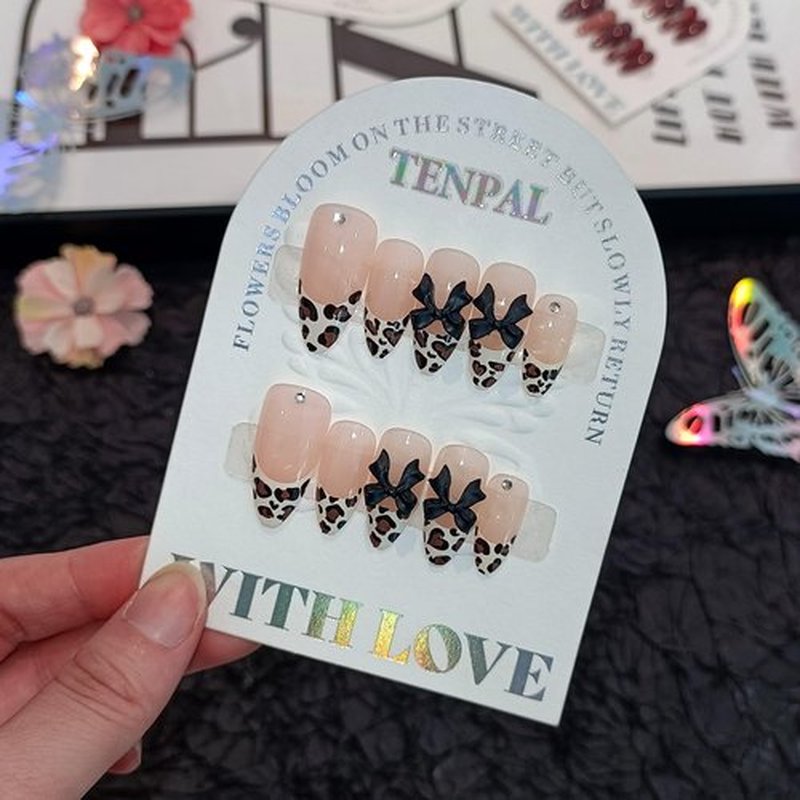TENPAL Reusable Almond Press on Nails Medium,3D Bow Leopard French Tips Rhinestones False Nails, Edgy Ins Style Fake Nails with Full Manicure Kit, Winter Animal Print 24Pcs Leopard French Nails Tips