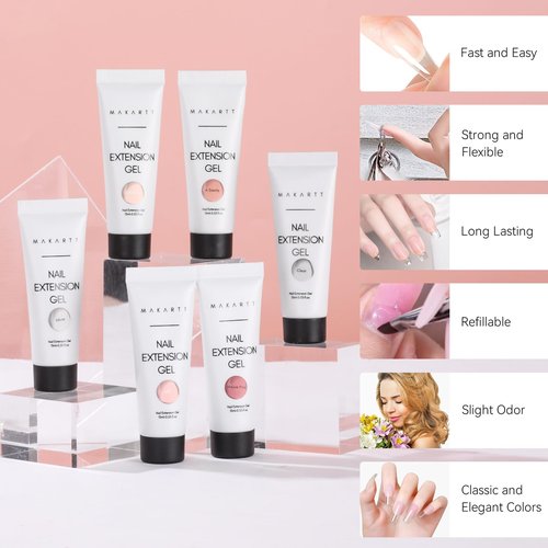 Makartt Poly Nail Gel Kit - 6 Neutral Colors for Extension Nails, Long Lasting Poly Nail Gel Set, Natural-looking, Strong Builder Enhancement for Salon Manicure DIY at Home 15ML Clear White Nude Pink