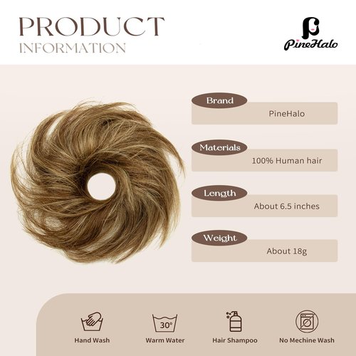 Messy Bun Hair Piece for Women Human Hair Buns Medium Brown Highlights Elastic 1Pcs 100% Real Hair Ponytail Wavy Curly Durable Bun Scrunchies Thick Updo Hairpieces (#P4-27 Medium Brown Highlights)