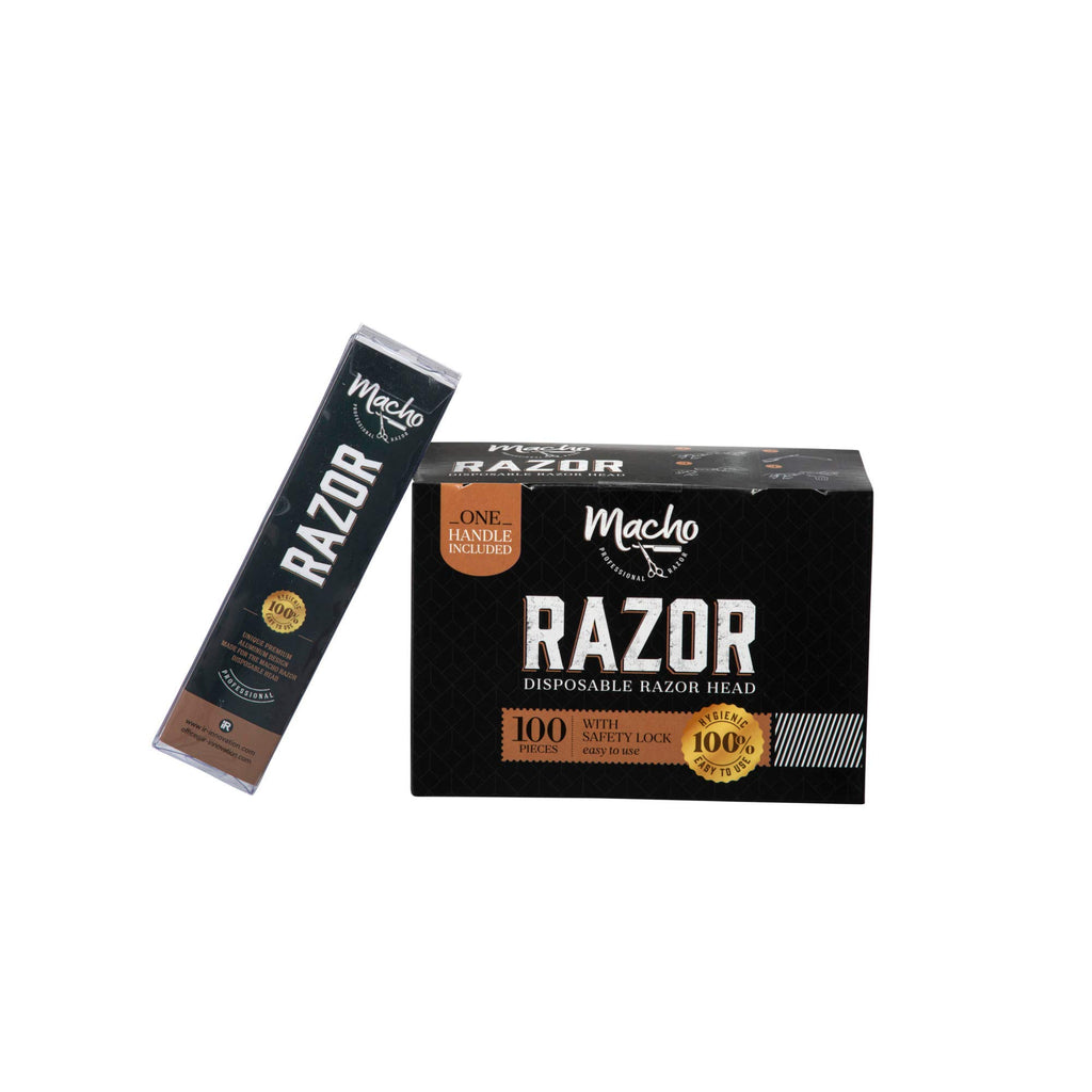 Professional Barber Aluminum Multi Use Straight Razor Handle with Disposable Razors 100 Pack Professional Straight Razor Kit for Barber, Macho by Better Barber