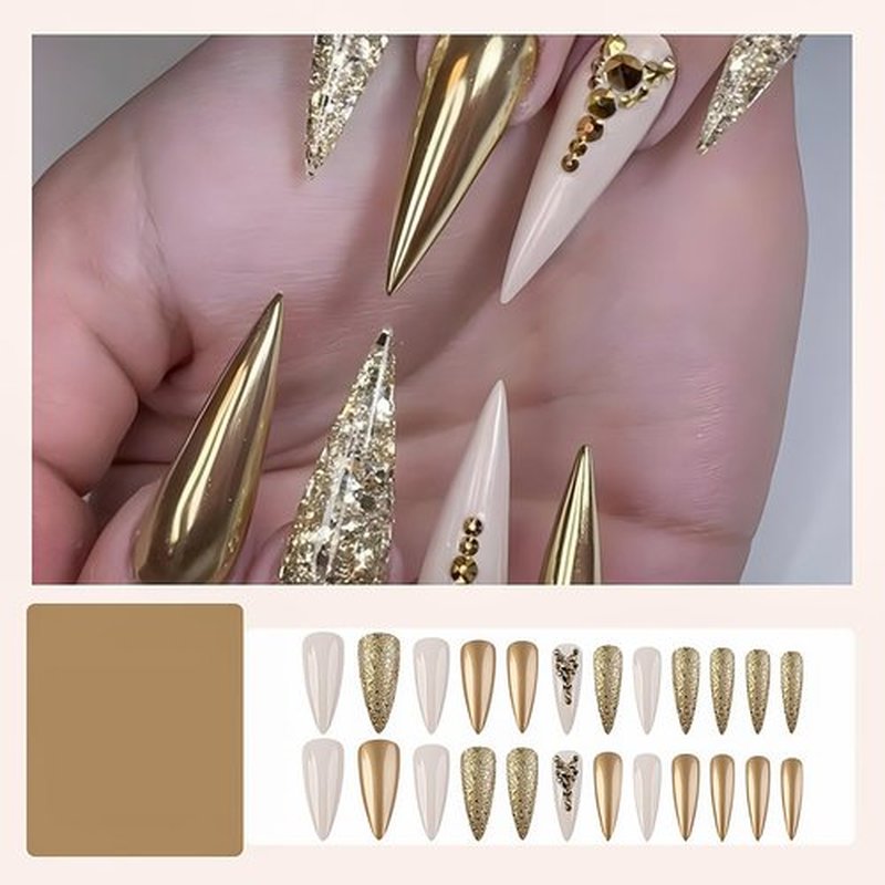 Rchosvam xl Almond Press on Nails Long Stiletto Shape Fake Nails Press Ons Gold Chromese Design False Nails Gold Rhinestones Stick on Nails Full Cover Artificial Nails Gift for Womens 24pcs