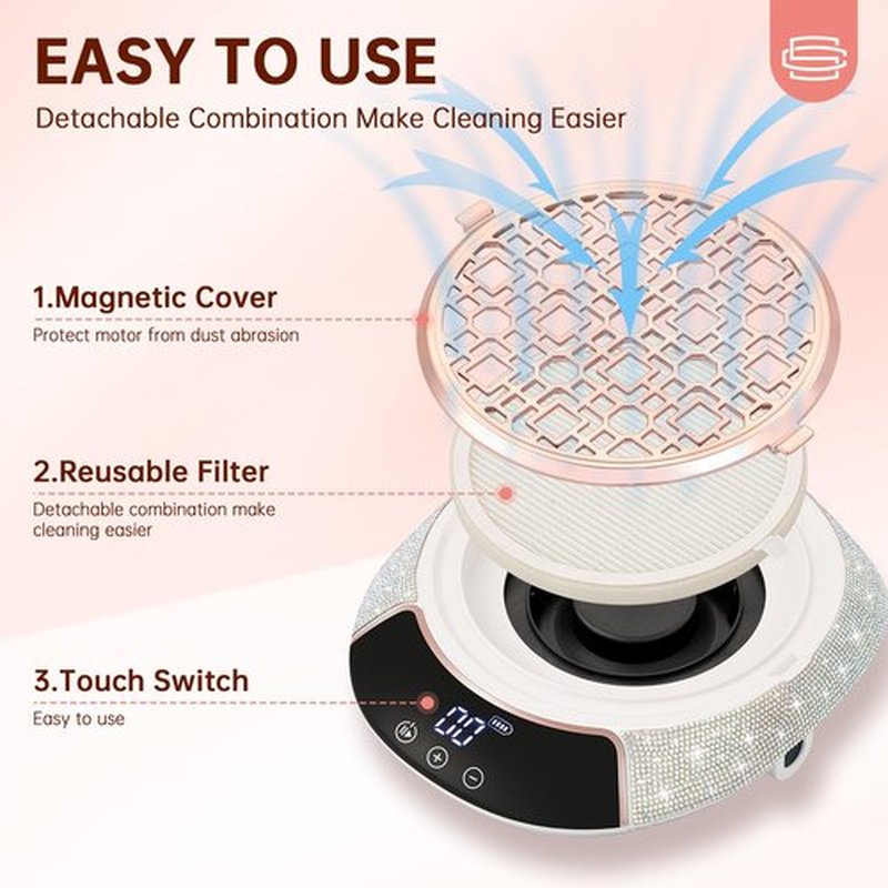 CHRISTINE SHELLY Nail Dust Collector,3500RPM Cordless Dust Collector Nail Tech with LED Display,Rechargeable Dust Suction Machine with Reusable Fillter for Acrylic Gel Polish,Salon & Home AB Diamond