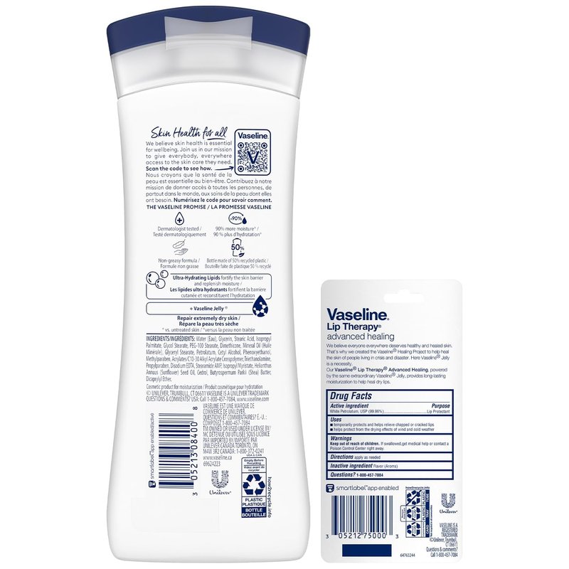 Vaseline Intensive Care Lotion, Unscented, Advanced Repair – Non-Greasy Moisturizer for Extremely Dry Skin + Professional Lip Therapy Tube
