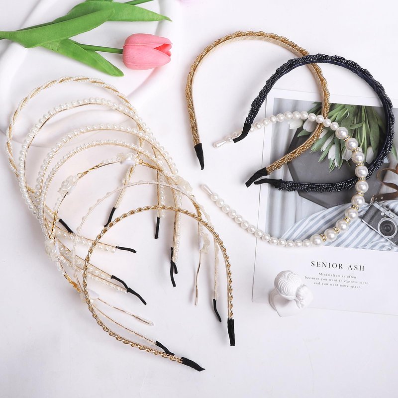 Zifengcer Pearl and Metal Headbands - Beaded No Slip Hair Accessories for Women and Girls, 10 Pack