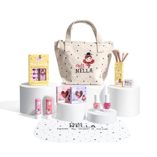 Miss Nella special edition BAG OF WONDER kids makeup & nail polish set for little girls, Hypoallergenic, Dermatologically tested, Non toxic, Canvas cosmetic bag, safe and fun