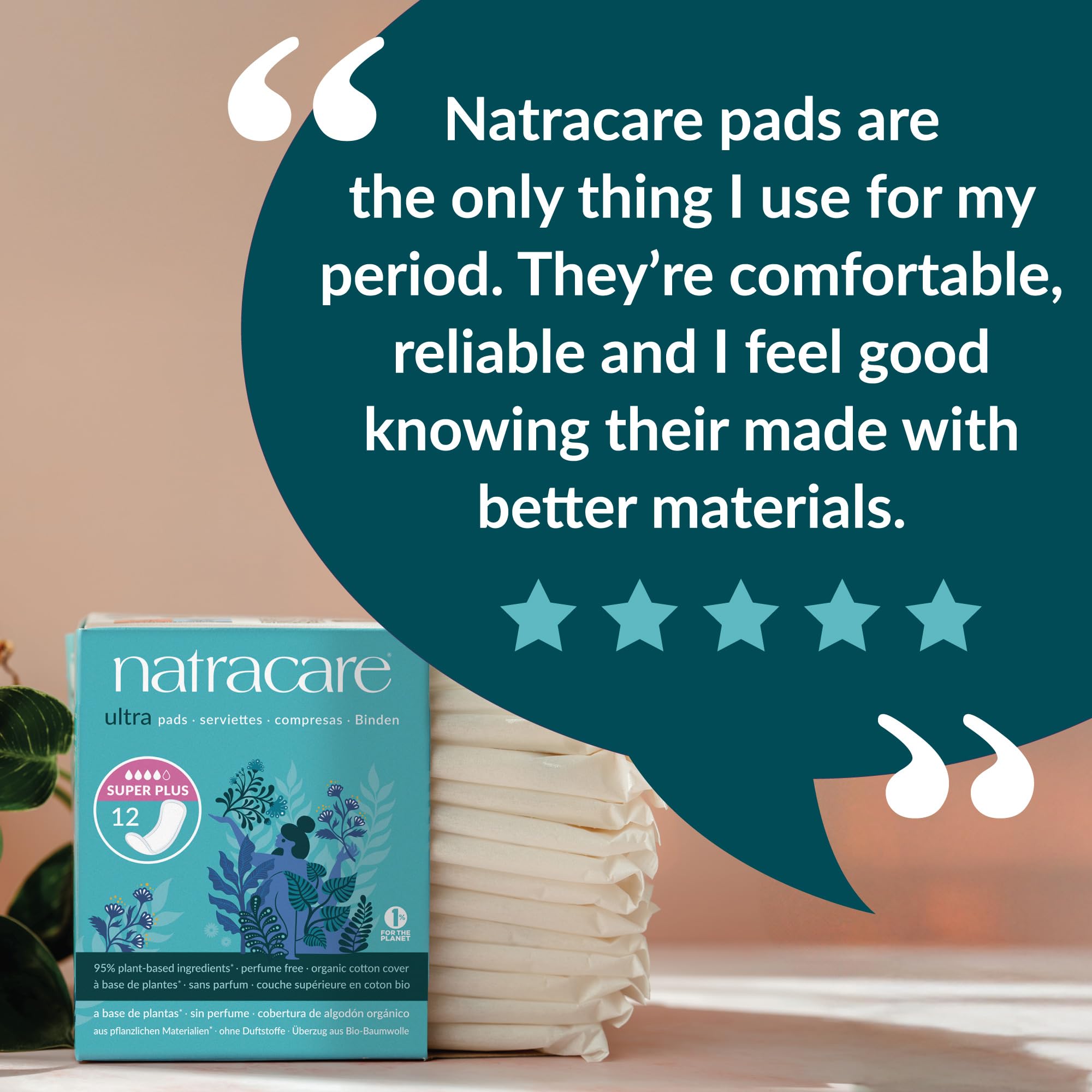 Natracare Slim Fitting Ultra Pads with Wings, Long, Made with Certified Organic Cotton, Ecologically Certified Cellulose Pulp and Plant Starch (1 Pack, 10 Pads Total)