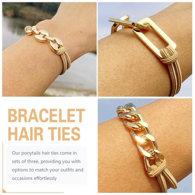 Bracelet Hair Ties for women - Ponytail Holders - Cute Hair Accessories with Gold Jewelry - Handmade Soft Elastic No Damage Scrunchies - Khaki