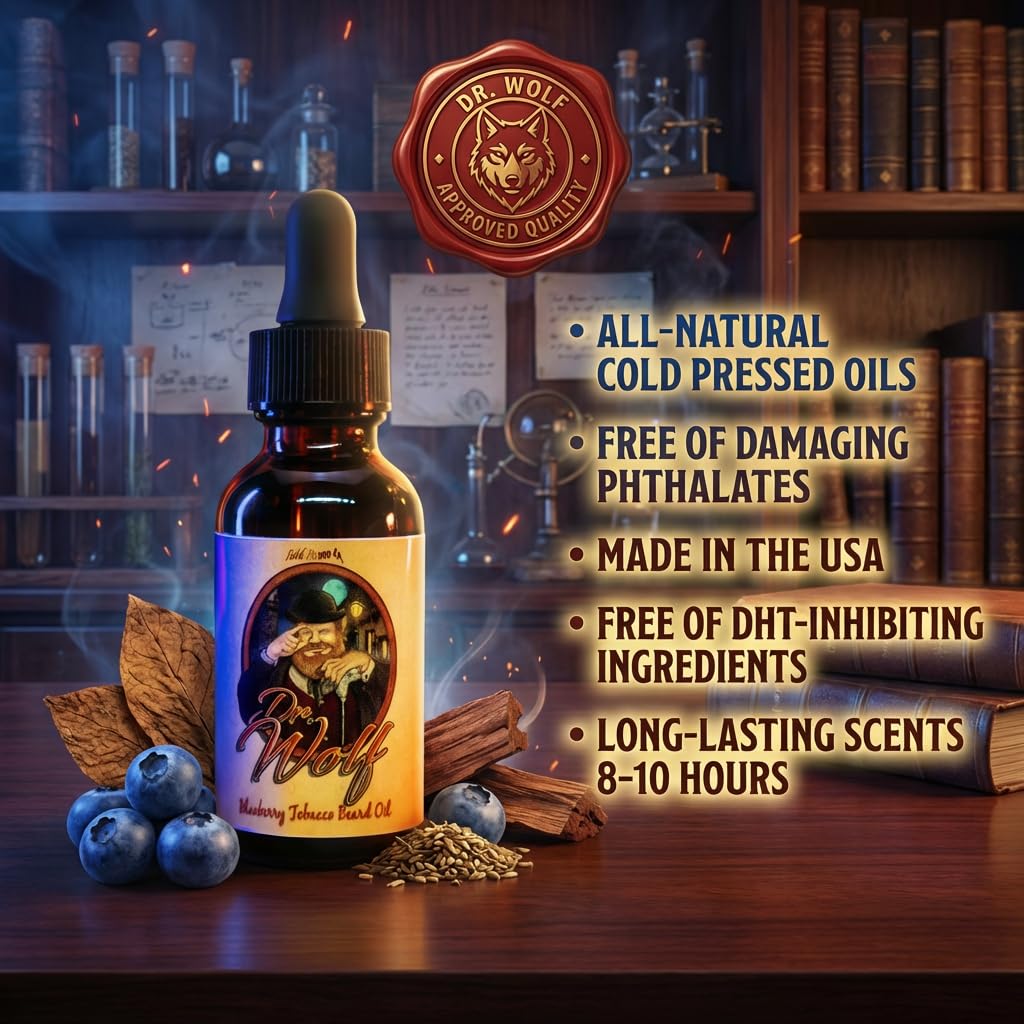 Fable Beard Co. Beard Oil - Dr. Wolf, Fresh Blueberries, Warm Tobacco, & Aged Mahogany, Natural Beard Oil for Men with Jojoba & Argan Oils, Vitamin E, Beard Hair Softener, Made in USA (1 Fl Oz)