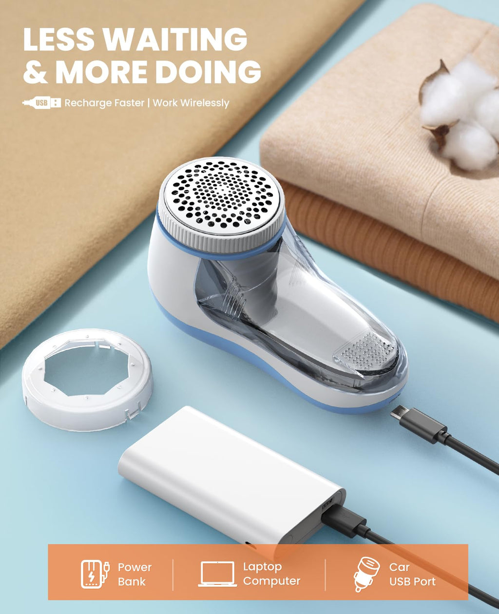 POPCHOSE Fabric Shaver, Lint Remover for Clothes, Electric Lint Shaver with 6-Leaf Blades, Sweater Shavers to Remove Pilling for Clothing, Couch, Furniture, Fuzz, Lint Ball, Bobbles, Light Blue