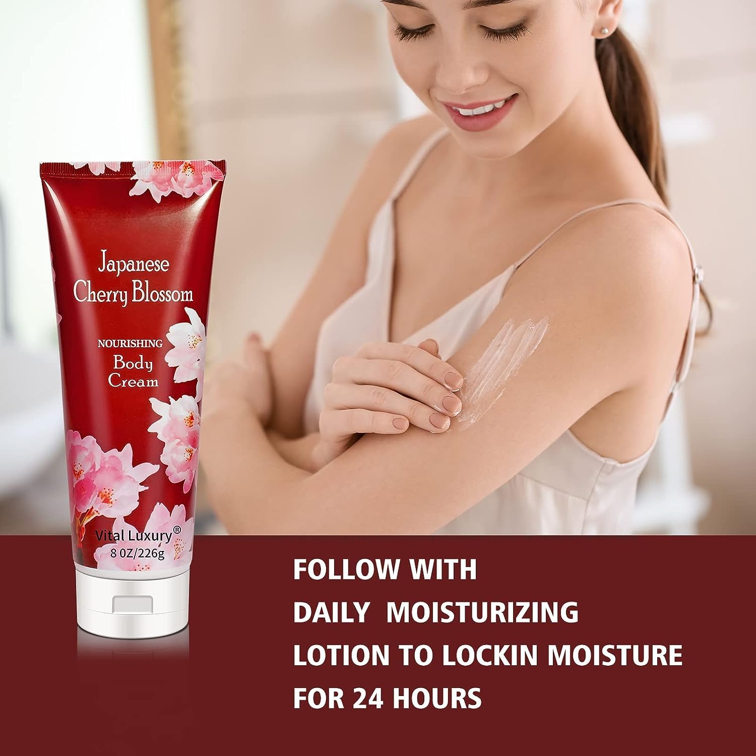 Vital Luxury Japanese Cherry Blossom Bath and Body Set Shower Gel and Body Cream - Nourishing and Moisturizing Daily Skincare - 8 fl.oz / 236mL Each, Birthday Anniversary Wedding Gifts for Her and Him