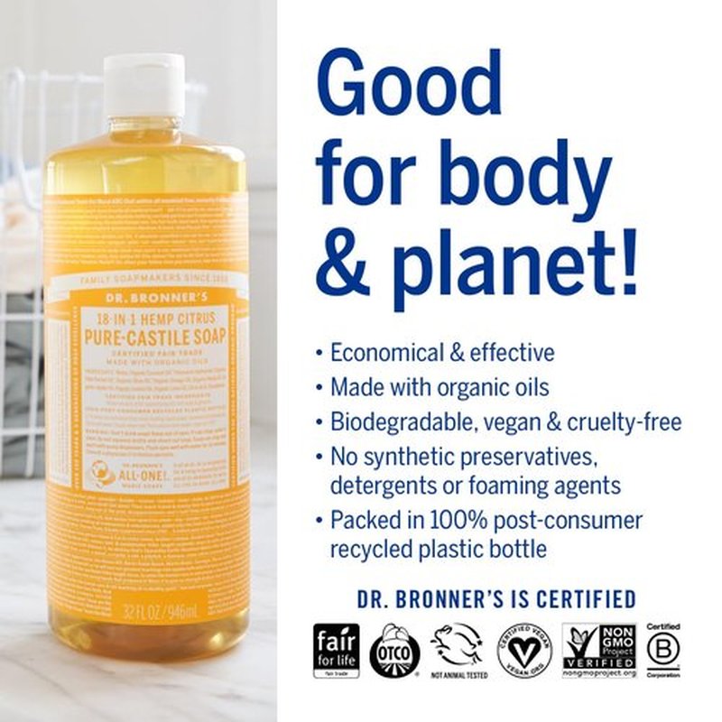 Dr. Bronner's Pure-Castile Liquid Soap | Citrus Scent, 32oz, 2-Pack - 18-in-1 Uses, Vegan & Organic