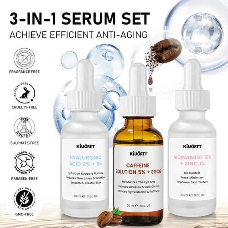 Advanced Face Serum Set 3 PCS - 5% Caffeine Solution + Niacinamide + Hyaluronic Acid Serums - Anti-Aging Serum Reduces Wrinkles, Minimizes Pores & Firming, Improves Texture for All Skin Types