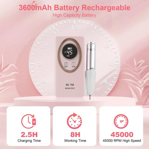Nail Drill Machine Electric 45000RPM Rechargeable Portable Nail Drill Kit DIY Nail File Electric with Smart LCD Screen for Gel Nail Manicure and Pedicure Reflective Body etc(Pink)