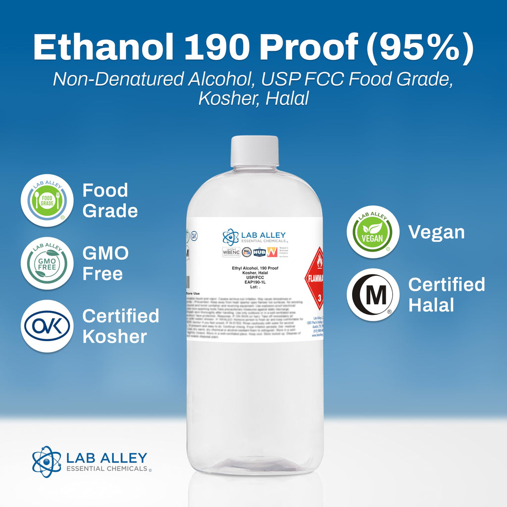 Lab Alley Ethanol 190 Proof (95%) USP/FCC Food Grade Alcohol, Grain Alcohol Solvent, Kosher, Laboratory & Extraction Use (1 Liter)