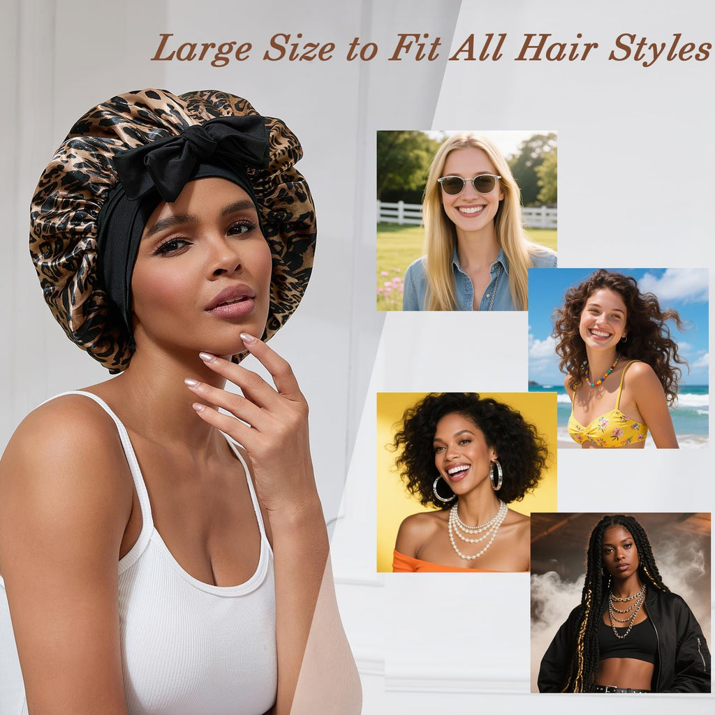 YOHTAS Satin Hair Bonnet for Sleeping Women, Double Layer Silk Bonnets for Women with Tie Band, for Braids Curly Long Hair
