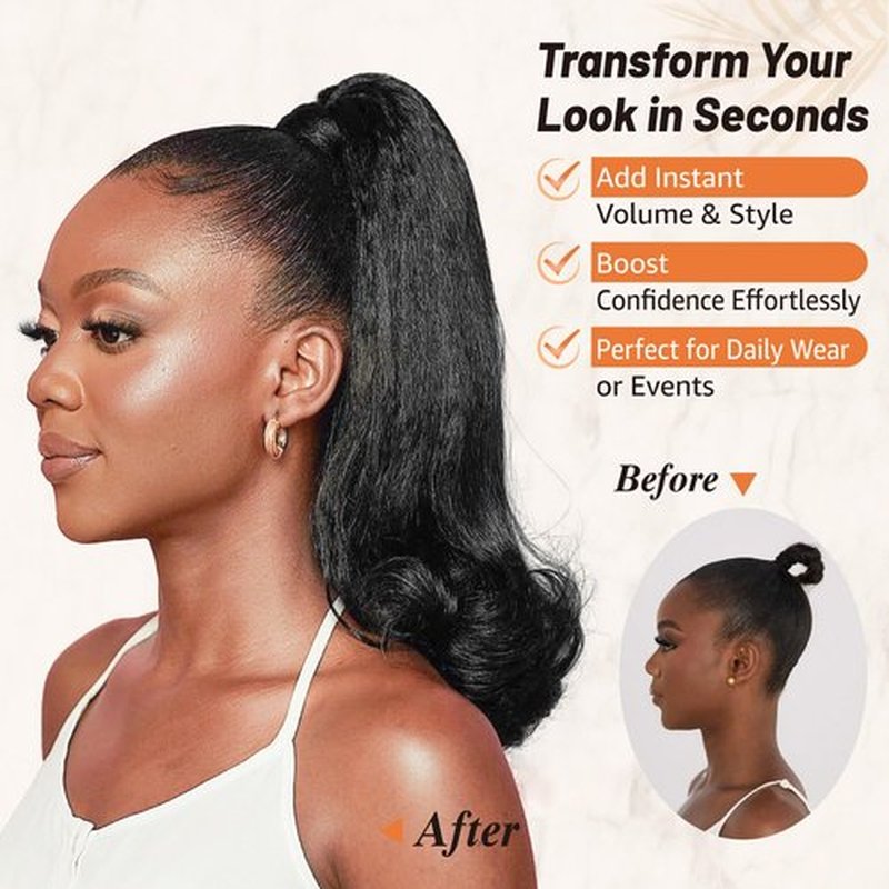 Drawstring Ponytail Extension for Black Women 14 Inch Yaki Kinky Straight Ponytail Flick Style Hairpiece Synthetic Natural Black Rafabcici