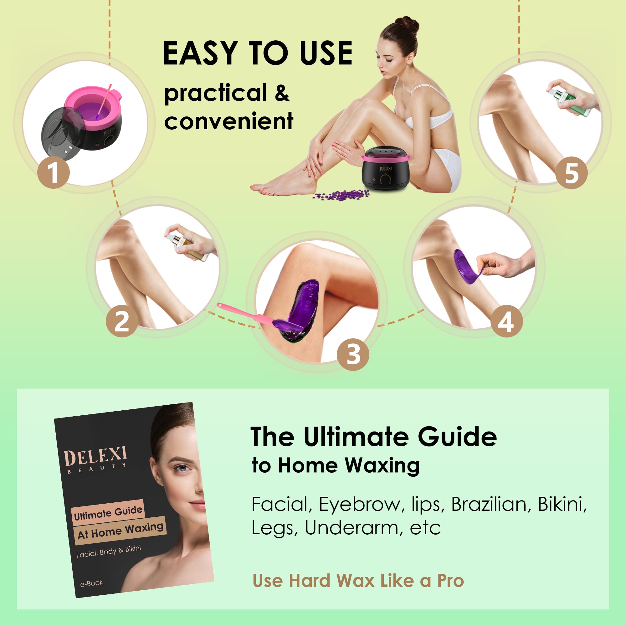 DELEXI Premium Waxing Kit for Women & Men – Painless Hard Wax Beads for Coarse Hair, Smart-Heat Wax Warmer (No Burns), 41-Piece Set for Brazilian, Bikini & Face – Resultados de Salón en Casa
