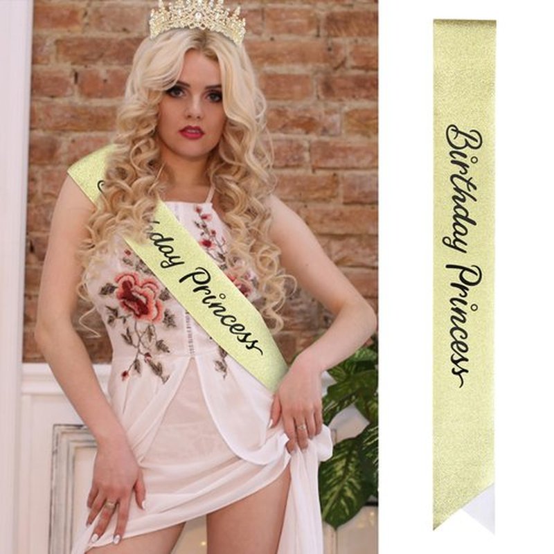 CAVETEE Princess Crown and Birthday Princess Sash,Glod Birthday Tiara With Glitter Sash for Princess Party Decorations Happy Birthday Accessories Birthday Crown and Tiara for Women Girls