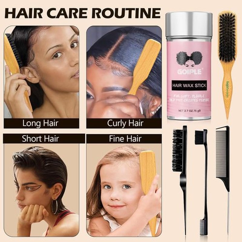 Slick Back Hair Brush Set Teasing Boar Bristle Brush, Hair Wax Stick, Edge Brushes, Rat Tail Comb, Teasing Comb, Wooden Slickback Hairbrush Accessories, Smoothing Combs for Women & Kids (5PCS)