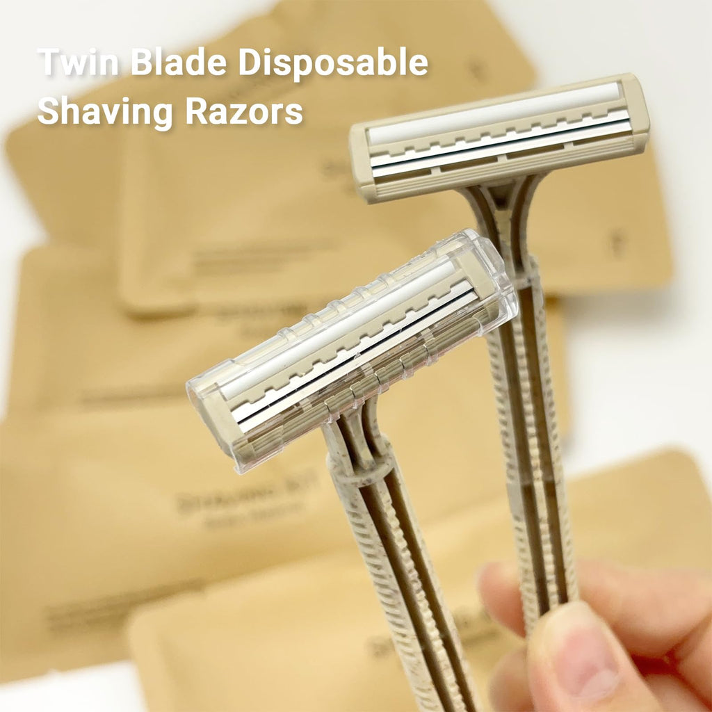 Disposable Shave Kit for Men &Women - Wheat Straw Razors and Cream Bulk, Individually Wrapped Portable Toiletries Amenities for Hotel, Airbnb, Homeless, Shelter, Charity, Camping and Travel