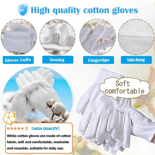 12 Pairs Moisturizing White Cotton Gloves for Dry Hands Eczema Gloves for Men and Women, Stretchable Reusable Cloth Gloves for Coin Jewelry Silver Inspection 12 Pairs (White, XL)
