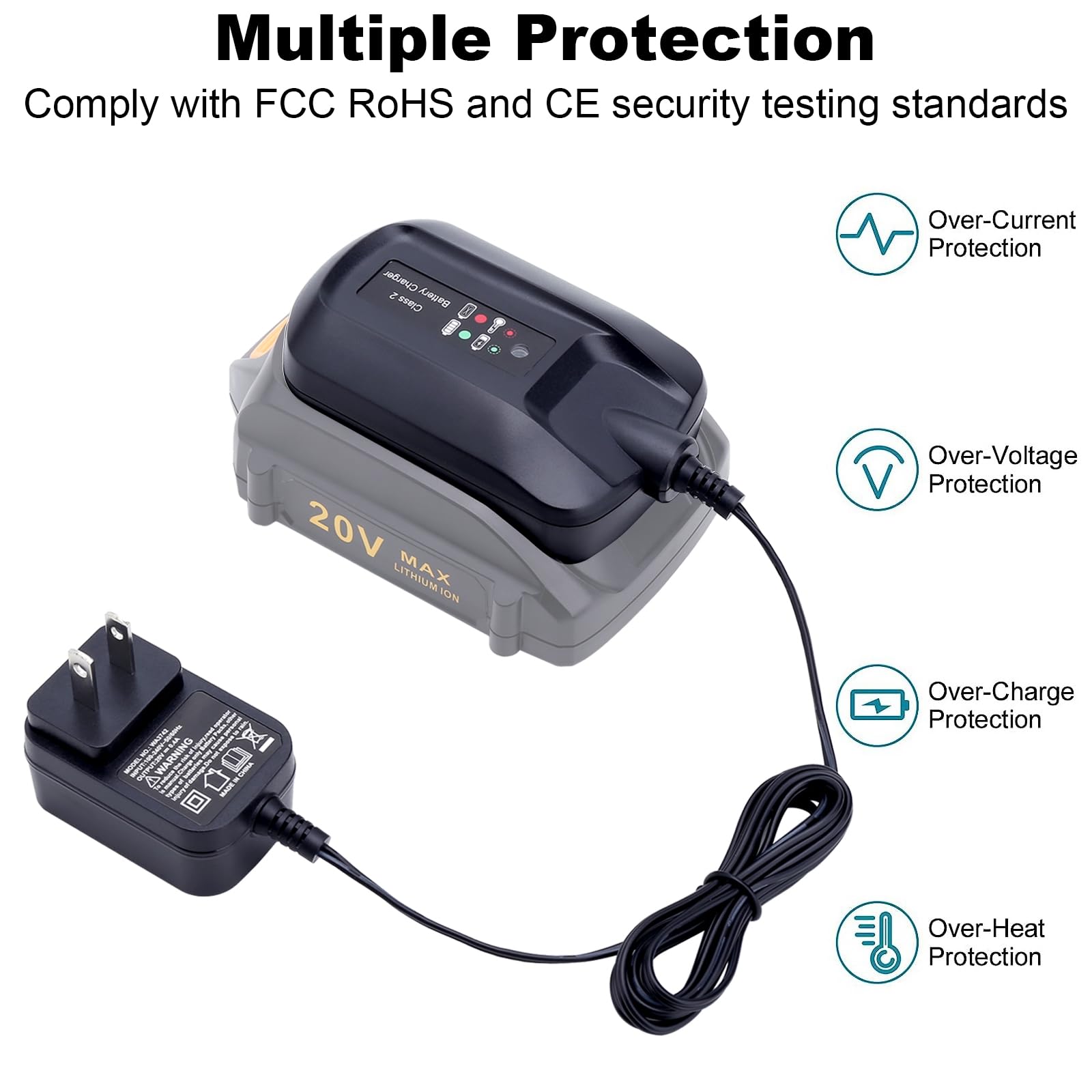 Replacement for Worx Battery 20V Charger WA3742, 20-Volt Battery Charger Compatible with Worx 20V Battery WA3525 WA3520 WA3578 Charger