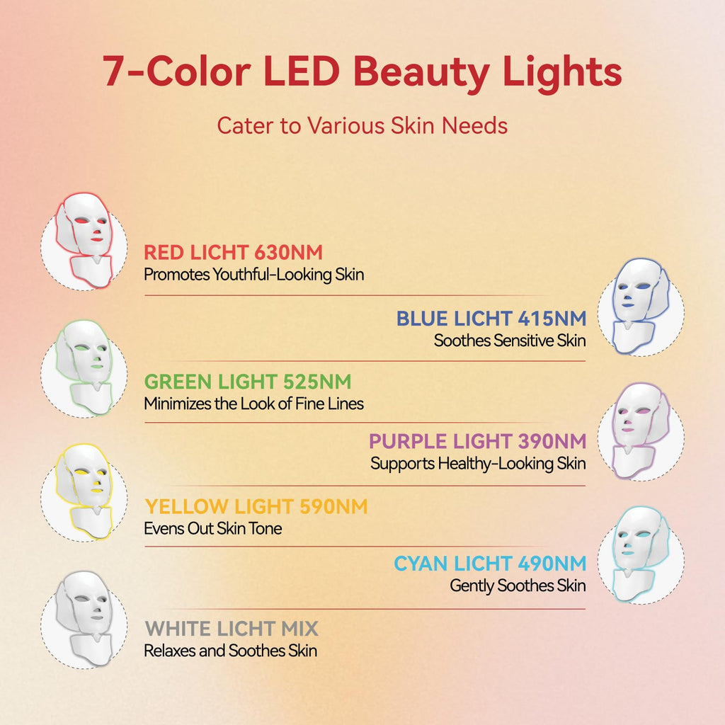 BeaRay LED Face Mask Light Therapy, 7 Colors for Skin Vitality, Home Beauty Device - Light Therapy for Face