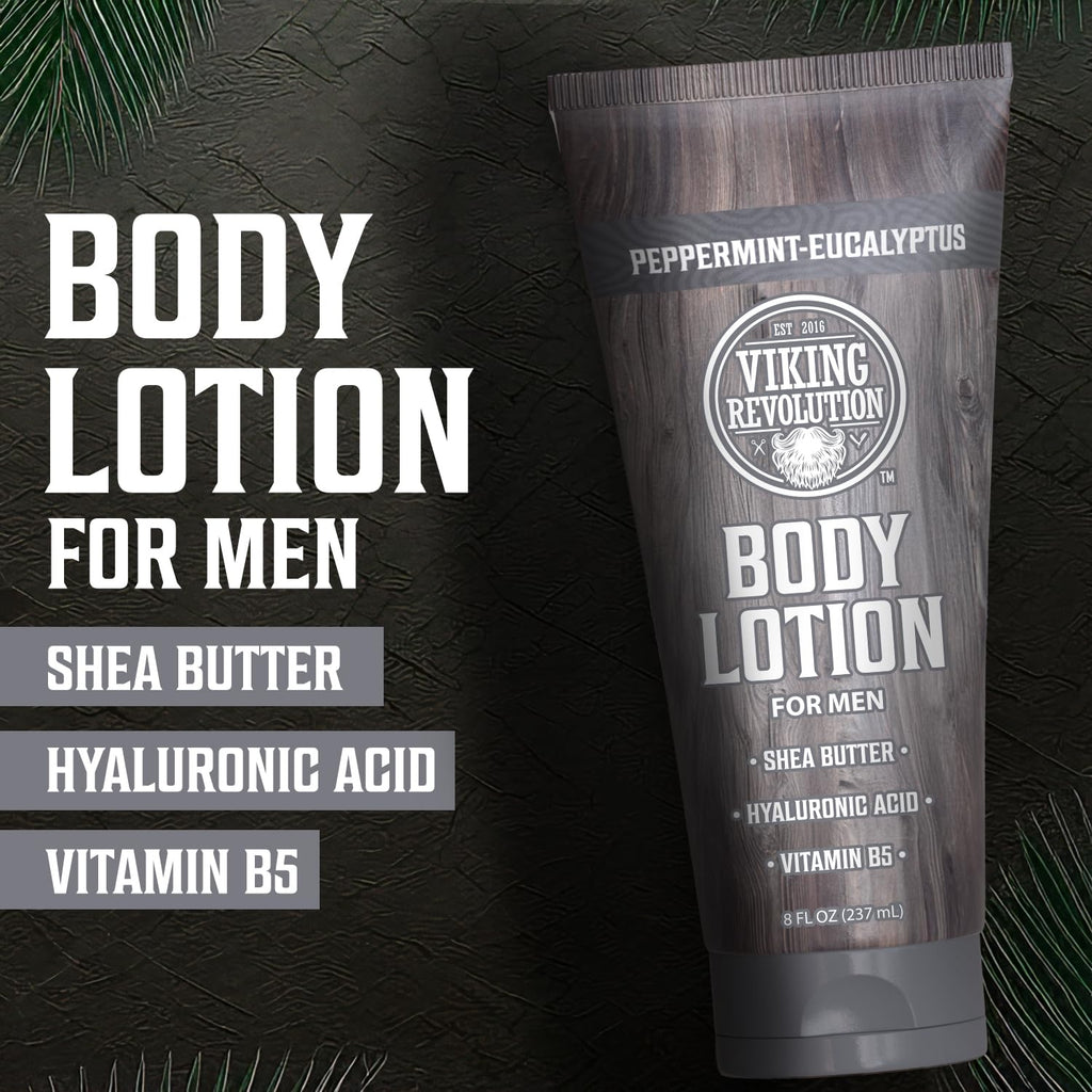Viking Revolution Peppermint Eucalyptus Body Lotion for Men –Mens Lotion for Dry Skin with Shea Butter, Hyaluronic Acid and Vit B5 –Nourishing Mens Body Lotion for Hydrated and Smooth Skin(8oz,1 Pack)