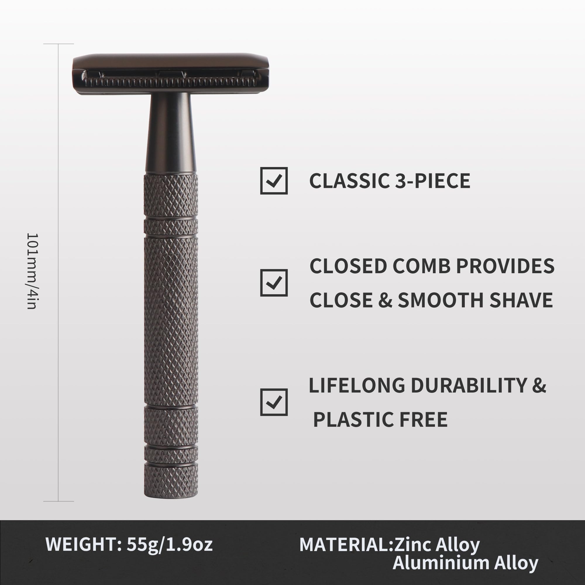 Gearhub Double Edge Safety Razor Reusable Stainless Metal Wet Shaving Razor with 10 Swedish Platinum Blades for Men Women Barber Bikini Armpit Hair, Matte Black GRB2D
