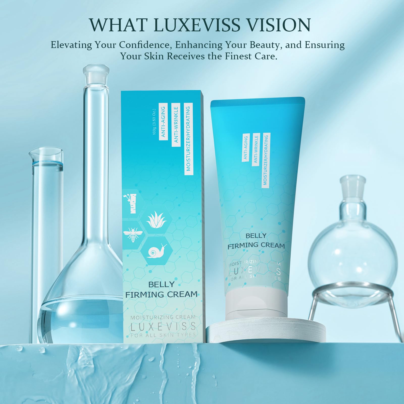Luxeviss Advanced Belly Firming Cream – B FLAT Skin Tightening Lotion for Stomach, Thighs & Butt, Helps Reduce the Look of Cellulite & Stretch Marks, Hydrating Body Cream for Women & Men, 3.35 Oz