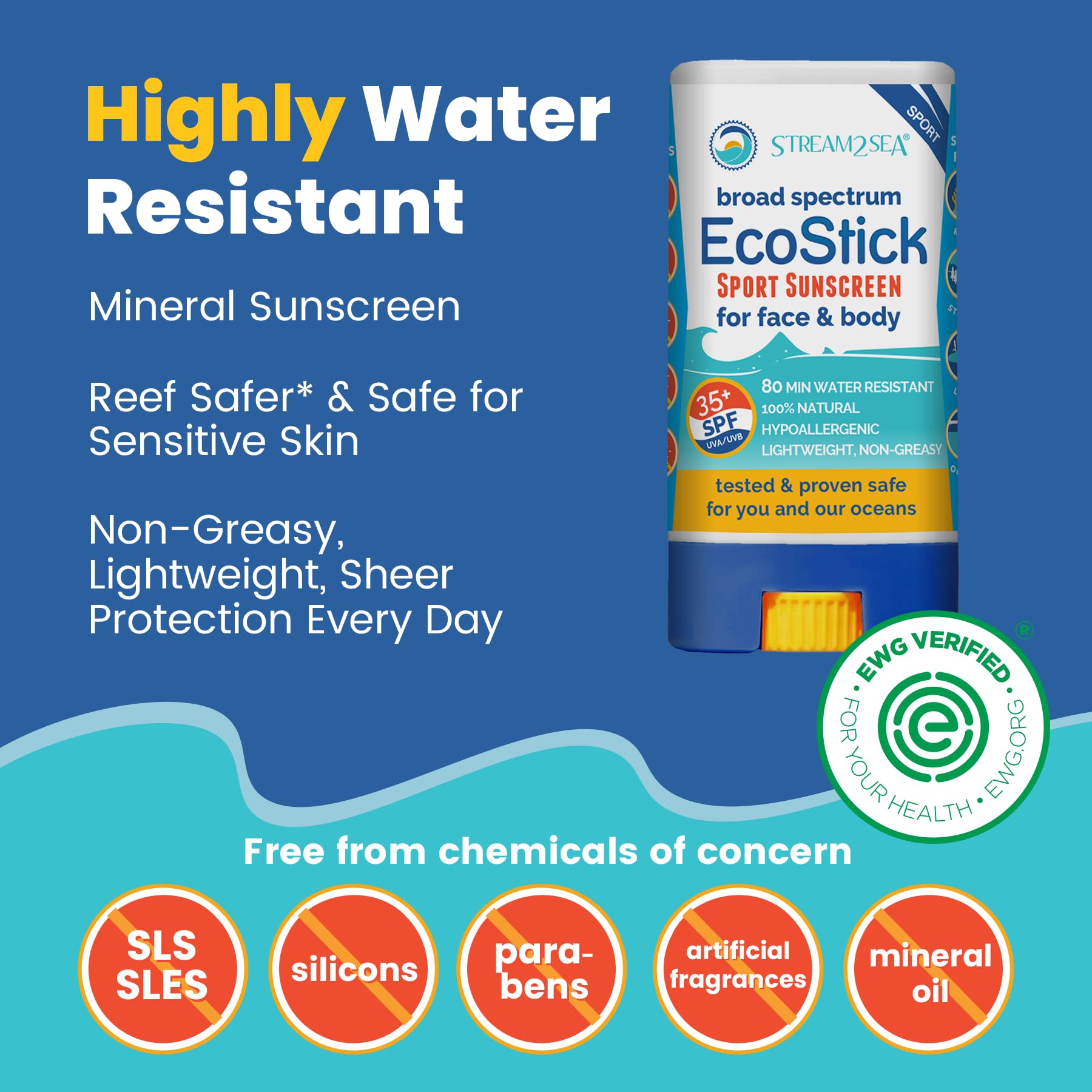 STREAM 2 SEA EcoStick SPF 35 Mineral Sunscreen Stick, Sweat Water Resistant Sunblock, USDA Approved Biodegradable Paraben Free Reef Safe Sunscreen Protection UVA UVB (EcoStick Tint) - 0.5 oz