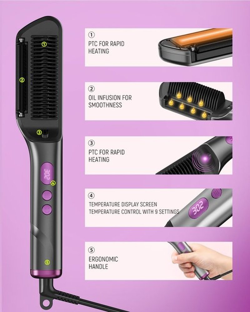 Hair Straightening Brush Hot Oil 9 Temp Ionic Hair Straightener Comb with LED Display, Fast Heating PTC Tech & Heat Shield, Auto Shut-Off Kaasage 2-in-1