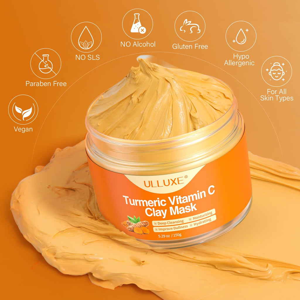 ulluxe Turmeric Vitamin C Clay Mask for Dark Spots, Dull Skin, Moisturizing, Skincare Facial Mask for Blackheads and Pores Cleansing, Improve Uneven Skin Tone, Face Skincare Gift, 5.29 oz