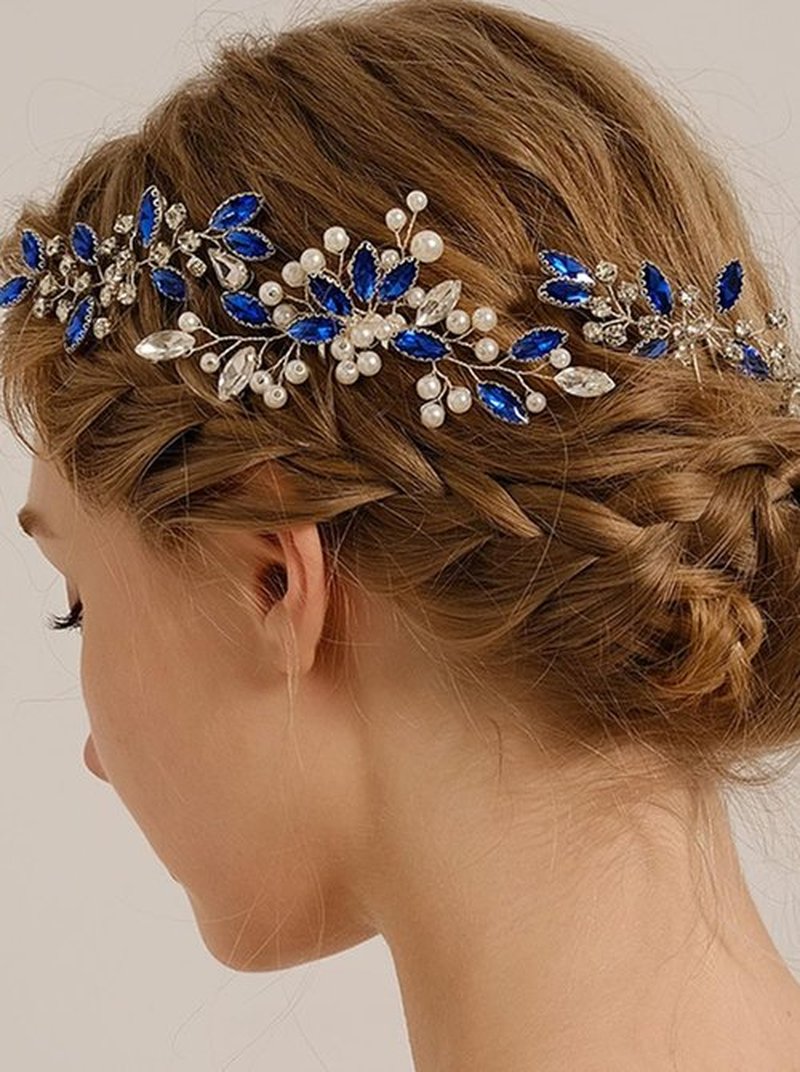 Missgrace Bride Blue Wedding Hair Side Comb with Hair Pins Pearls Women Hair Comb Rhinestone Crystal Headpiece Dainty Bridal Hair Accessories for Women